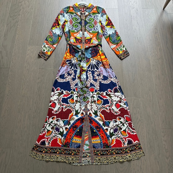 Alice + Olivia Chassidy Maxi Shirt Dress On The Road Red Belt Print - SMALL - Picture 2 of 11